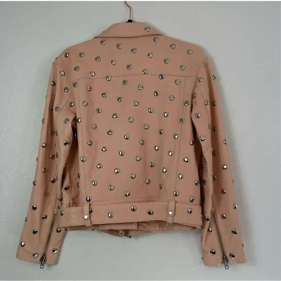 Lovers + friends pink studded heart moto leather jacket size S - Picture 6 of 16
